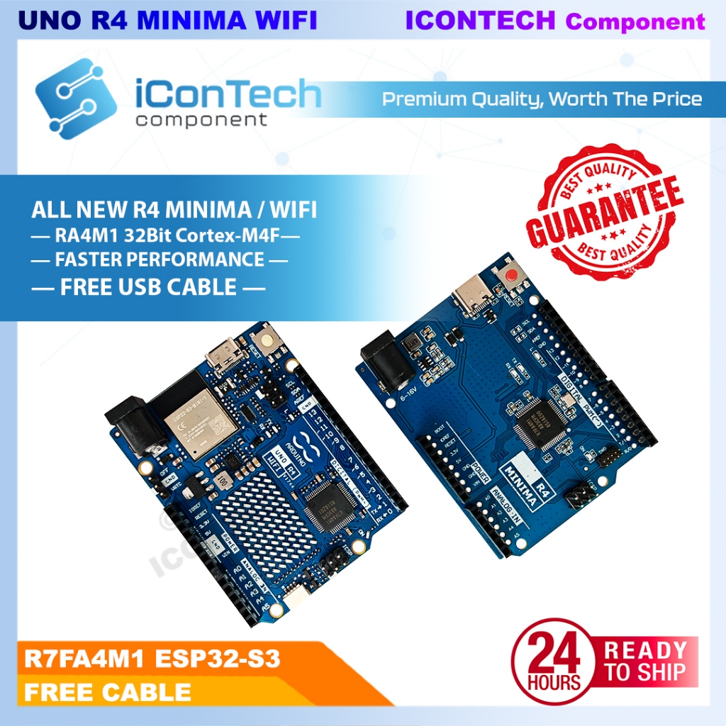 Arduino UNO R4 Wifi Minima Board UNO R4 Basic Type-C RA4M1 48MHz Upgraded Compatible [FREE CABLE]